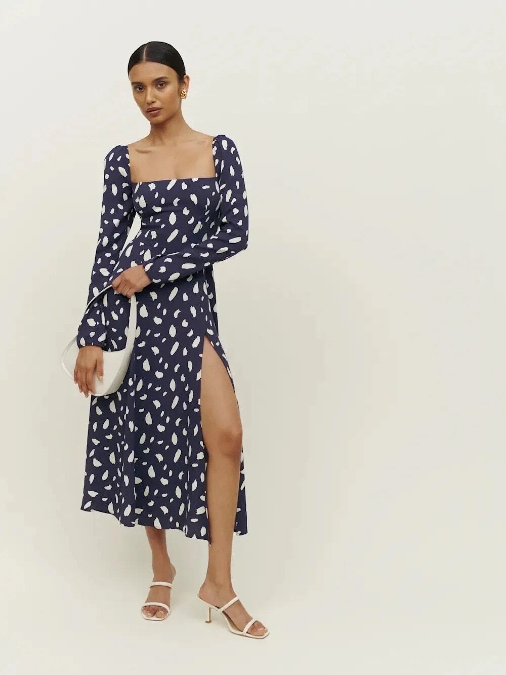 Reformation Sigmund Long Sleeve Dress Navy Splatter Size 0P